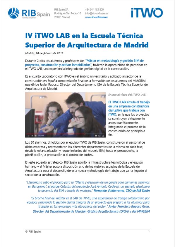 IV iTWO LAB en la Escuela Técnica Superior de Arquitectura de Madrid